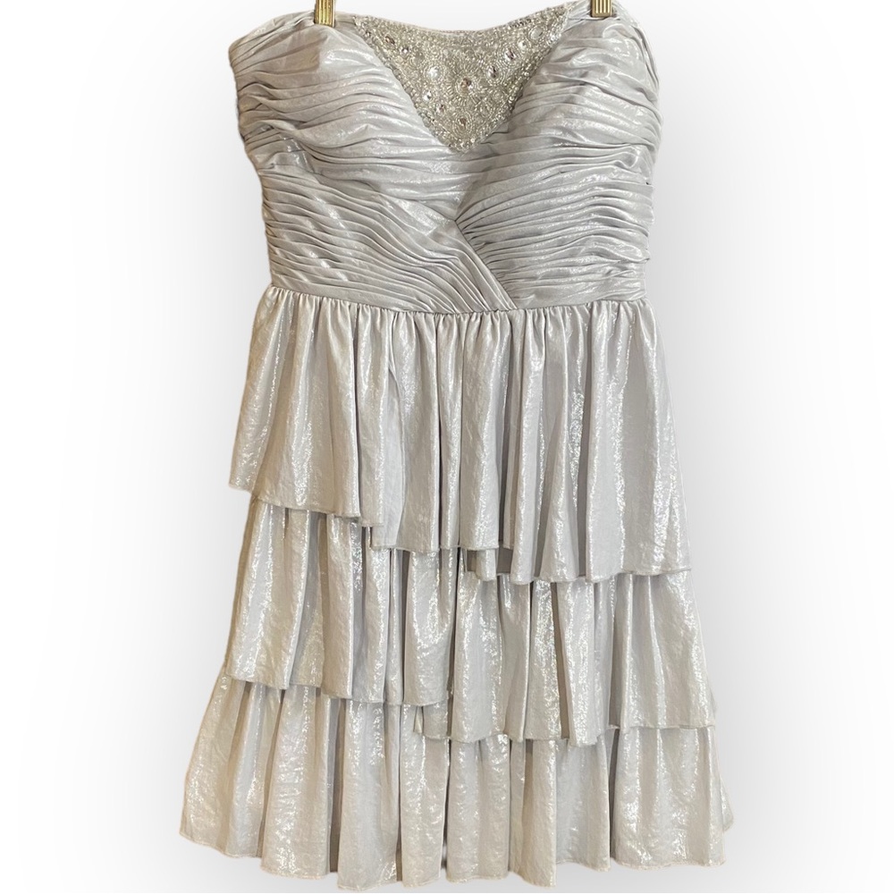 Miss Sixty Silver Sparkle Jeweled Strapless Ruffle Formal Party Dress Size 12